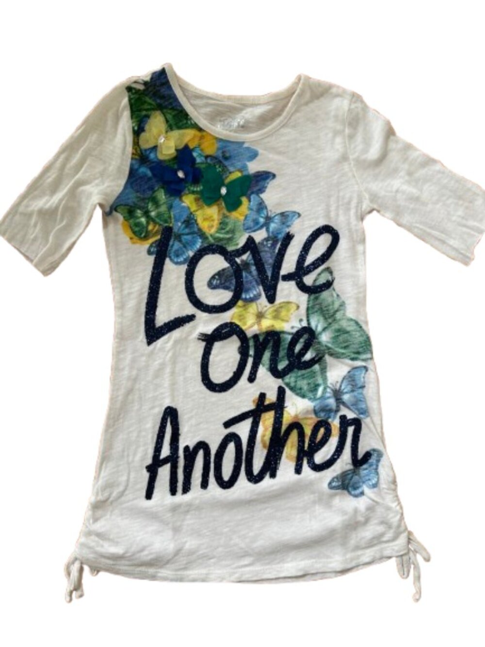 JUSTICE GIRLS "LOVE ONE ANTOTHER" WHITE JERSEY BLUE/YELLOW BUTTERFLIES, SIZE 7